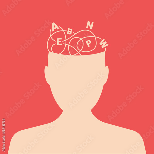 Dyslexia concept. Male silhouette with confused thoughts and letters above his head on a red background
