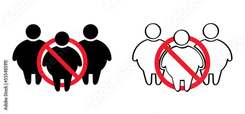 Cartoon world obesity day or celebration. Obese people on unhealthy with BMI, overweight, obesity problem. Fat, calories man or woman. Body mass index. Causes of the disease. Stop, no ban sign