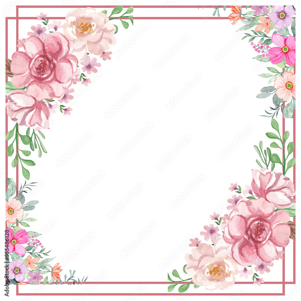 Watercolor floral illustration, frame, border, pink, vivid flowers for wedding stationary, greetings and invitation card png .