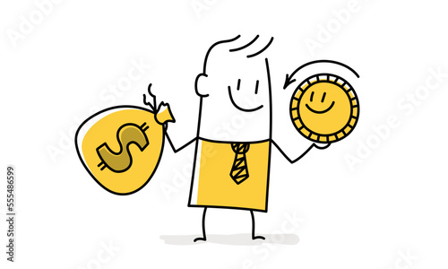 Stick figure holding bag of coins.