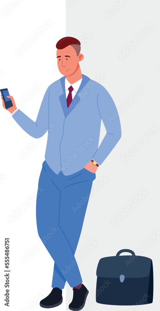 Businessman holding smartphone. Man in suit wait for meeting
