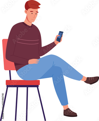 Waiting guy sit in chair and looking at smartphone. Person boring