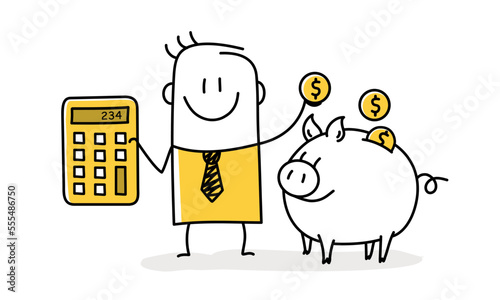 Stickman with calculator holding money into piggy bank.