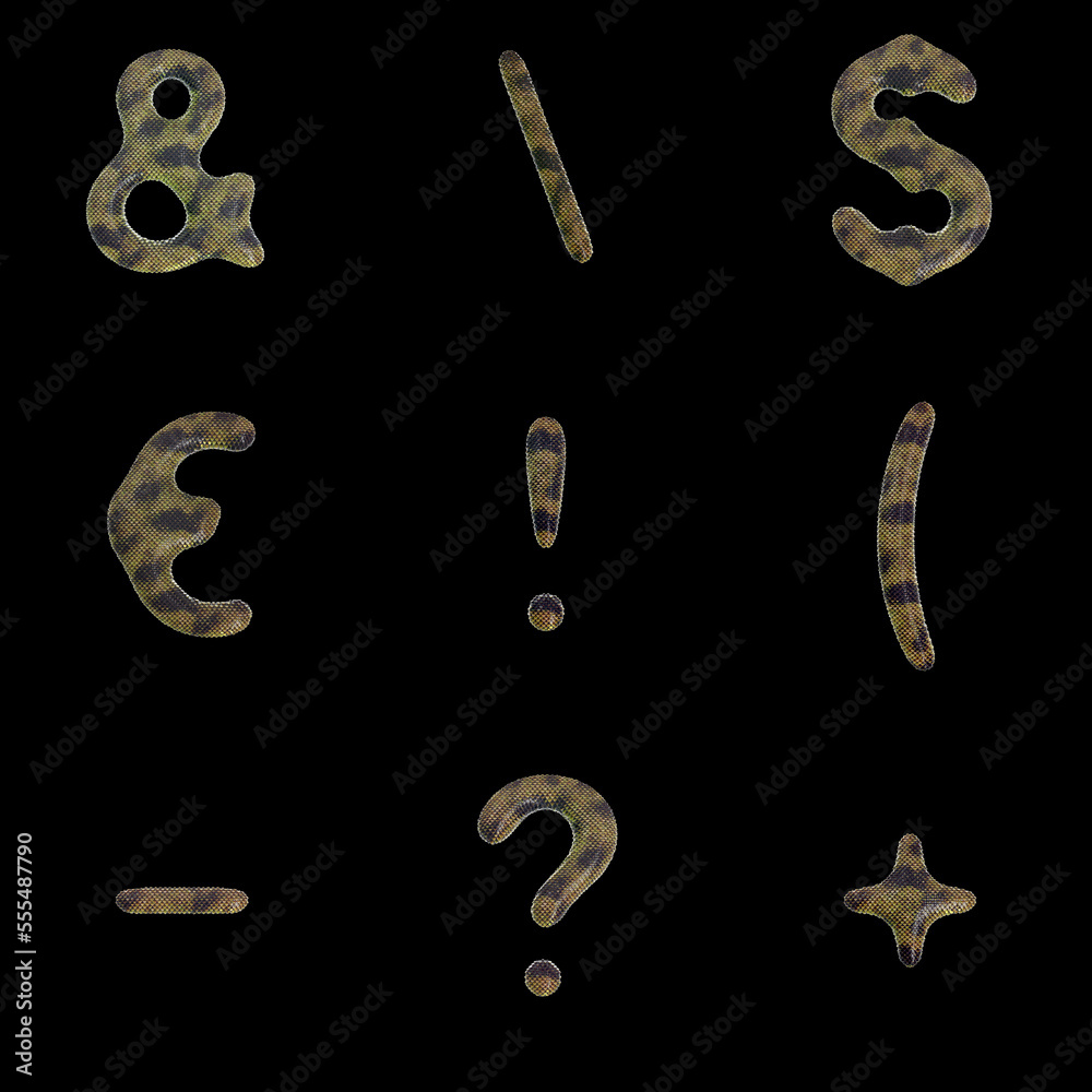 Naklejka premium 3D Render Set of Reptile Creeper Font including Letters, Numbers and Punctuation Marks