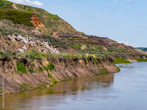 View from a 117 metre long suspension bridge across the Red Deer River, Star Mine Suspension Bridge; Drumheller, Alberta, Canada