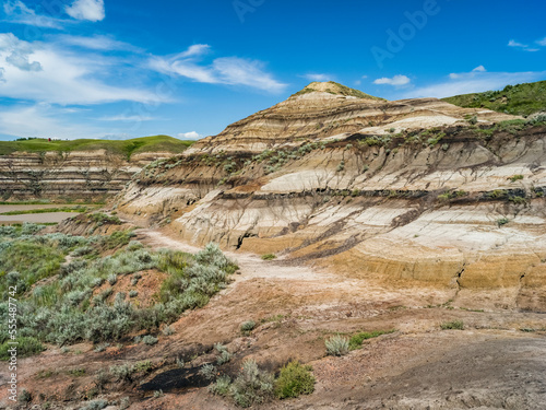 View from a 117 metre long suspension bridge across the Red Deer River, Star Mine Suspension Bridge; Drumheller, Alberta, Canada photo