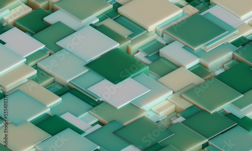 Abstract digital wallpaper design of green blue cubes on a plane with intersecting geometry . Subsurface scattering . 3d render. Three dimensional. Beautiful office illustration of mosaic tiles