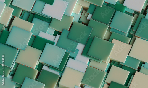 Abstract digital wallpaper design of green blue cubes on a plane with intersecting geometry . Subsurface scattering. 3d render. Three dimensional. Beautiful office illustration of mosaic tiles