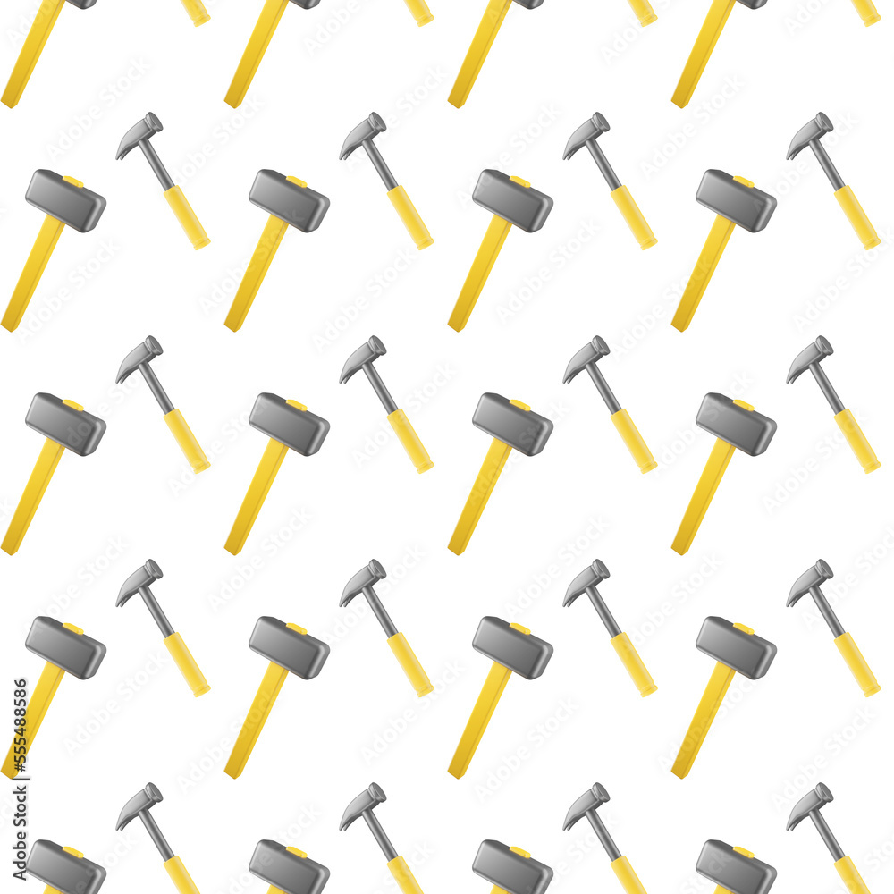 Seamless pattern with yellow hammer and mallet 3d render. Seamless pattern with yellow hammer and mallet 3d render.