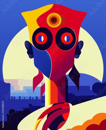 Android in an abstract form in a red blue color scheme against the backdrop of the city and the moon