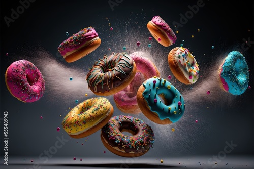  a bunch of donuts are flying in the air with sprinkles on them and a black background. Generative AI photo