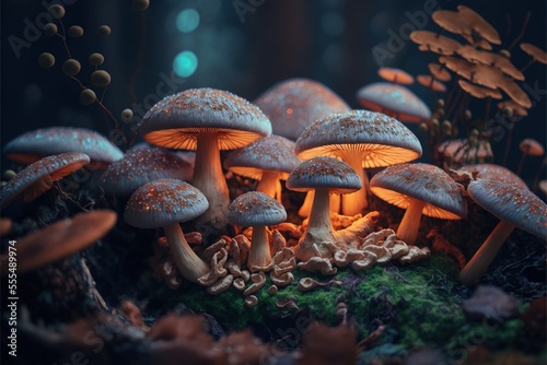 a group of mushrooms that are sitting on the ground in the grass and some plants in the background are glowing. Generative AI photo