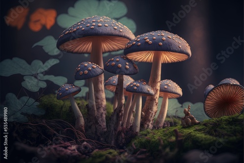 Obraz na płótnie a group of mushrooms sitting on top of a lush green field of grass and dirt covered ground with leaves