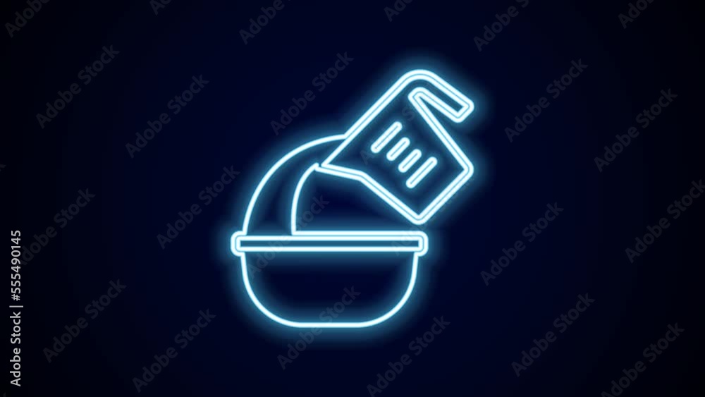 Glowing neon line Measuring cup pouring liquid into bowl icon isolated on black background. Plastic graduated beaker with handle. 4K Video motion graphic animation Glowing neon line Measuring cup pouring liquid into bowl icon isolated on black background. Plastic graduated beaker with handle. 4K Video motion graphic animation