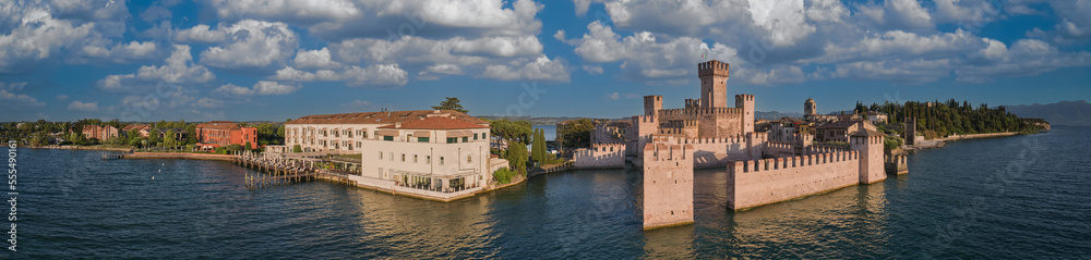 Panorama of Sirmione. Morning panorama of Scaligero Castle in Italy on lake garda aerial view.