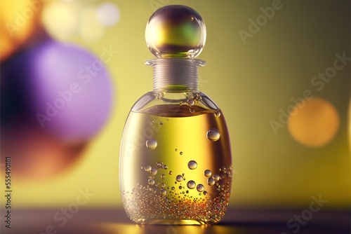  a bottle of perfume with bubbles on a table with a blurry background of balls and a ball of light. Generative AI