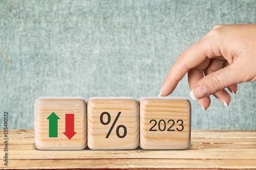 Set of wooden cubes blocks with infographic on the desk