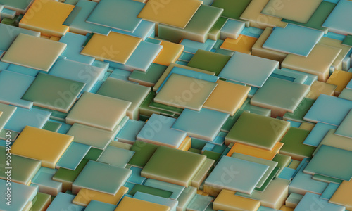 Abstract digital wallpaper design of green yellow blue cubes on a plane with intersecting geometry . Subsurface scattering . 3d render. Three dimensional. Beautiful office illustration of mosaic tiles