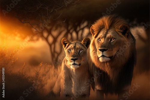  two lions standing in a field with trees in the background at sunset or dawn with a bright light coming from behind them. generative ai