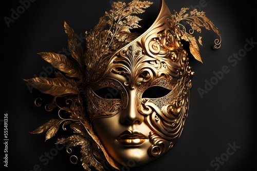  a golden mask with leaves on it on a black background with a gold filigreet on the face. Generative AI