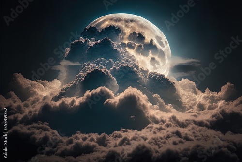  a full moon is seen above a cloud filled sky with a dark cloud filled sky and a full moon. Generative AI photo