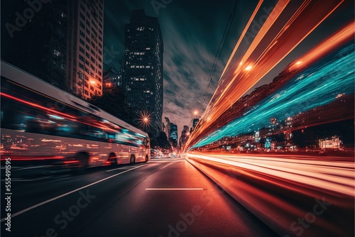 Fotobehang a city street with a bus and cars moving fast at night time with long exposure of the lights on the street