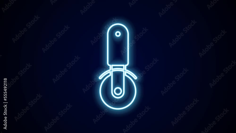 Glowing neon line Pizza knife icon isolated on black background. Pizza cutter sign. Steel kitchenware equipment. 4K Video motion graphic animation Glowing neon line Pizza knife icon isolated on black background. Pizza cutter sign. Steel kitchenware equipment. 4K Video motion graphic animation
