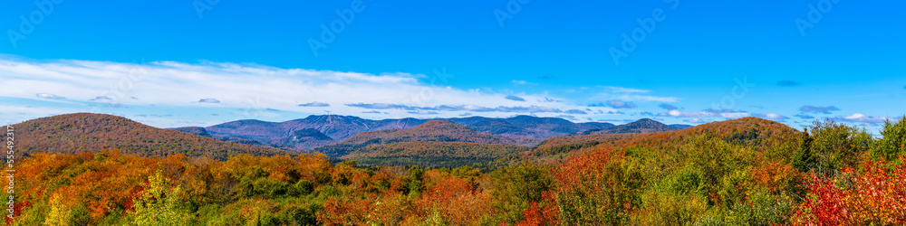 Vibrant autumn coloured foliage in the forest running over the hills, Laurentian Mountains; Mount-Tremblant, Quebec, Canada Vibrant autumn coloured foliage in the forest running over the hills, Laurentian Mountains; Mount-Tremblant, Quebec, Canada
