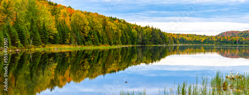 Vibrant autumn coloured foliage in a forest reflected in a tranquil lake; Lac Labelle Region, Quebec, Canada photo