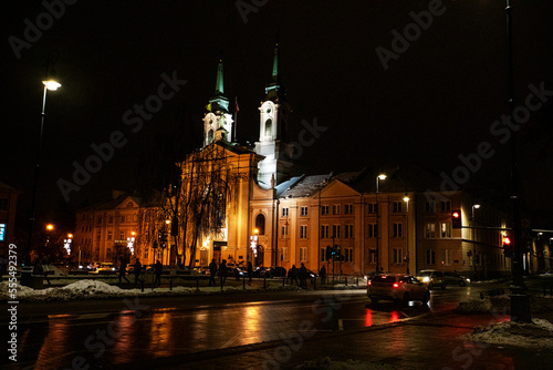 Cathedral in Warsaw illuminated at night before Christmas. Winter.