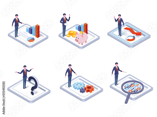 isometric illustration  of  set with businessman,graph,gear and tablet
