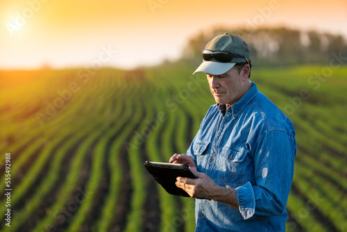 A farmer stands beside a farm field using a tablet; Alberta, Canada photo