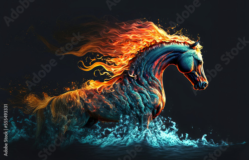 Foto the horse gallops in the water with a burning mane on a black background