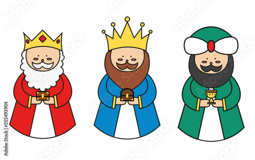Vector drawing of the Three kings (also known as the wise men or magi) Melchior, Gaspar, Balthazar. With gifts for baby Jesus.