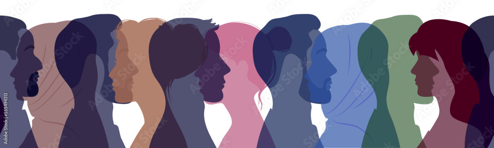 Profile silhouettes of men and women. Common features and differences between men and women. Couples of people. Relationships and society. They look in different directions. Family relationships.