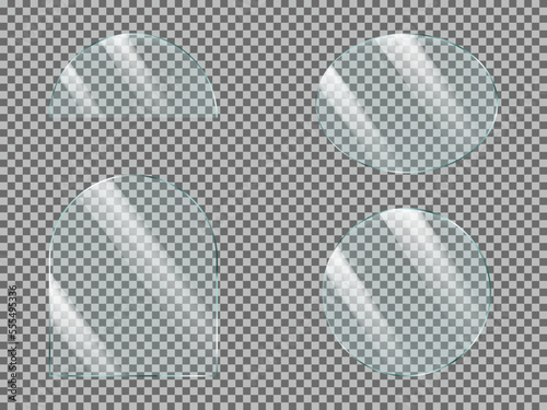 Set of reflective glass plate or banner. Round, semicircle and oval transparent windows with light reflections. Realistic vector illustration isolated on transparent background.