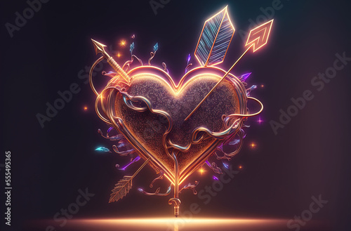 Neon heart sign with arrow on dark background. Postproducted generative AI digital illustration. photo