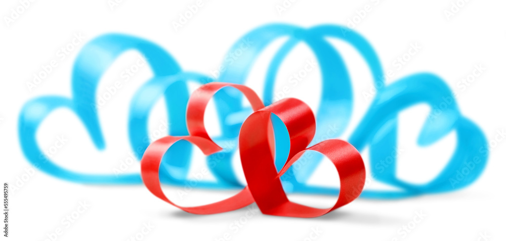 Fototapeta premium Close up of red and blue ribbons on white background
