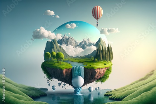 Murais de parede Surreal float landscape with waterfall paradise idea on blue sky cloud floating island with river stream on green grass with air balloon