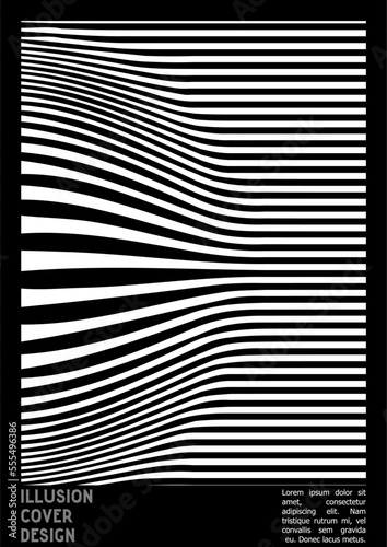 Geometrical Poster Design with Optical Illusion Effect.  Minimal Psychedelic Cover Page Collection. Monochrome Wave Lines Background. Fluid Stripes Art. Swiss Design. Vector Illustration for Placard.