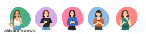 Portraits of young people talking on mobile phones. Different women icons set vector illustration isolated