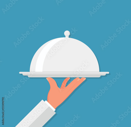 Waiter hand holding tray. Restaurant service. Vector illustration isolated on blue background