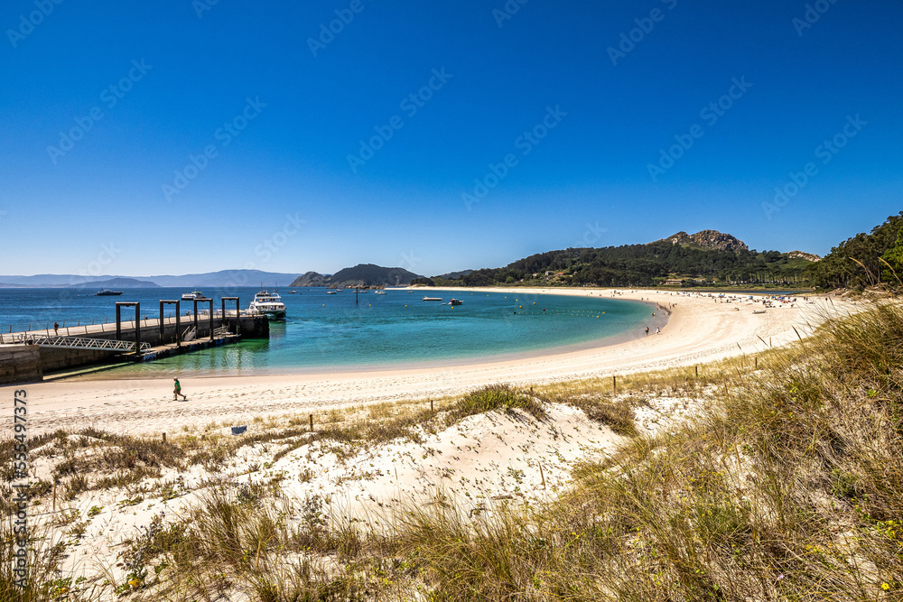 Beach of Rodas in Cies Islands, white sand and clear turquoise water, Galicia, Spain