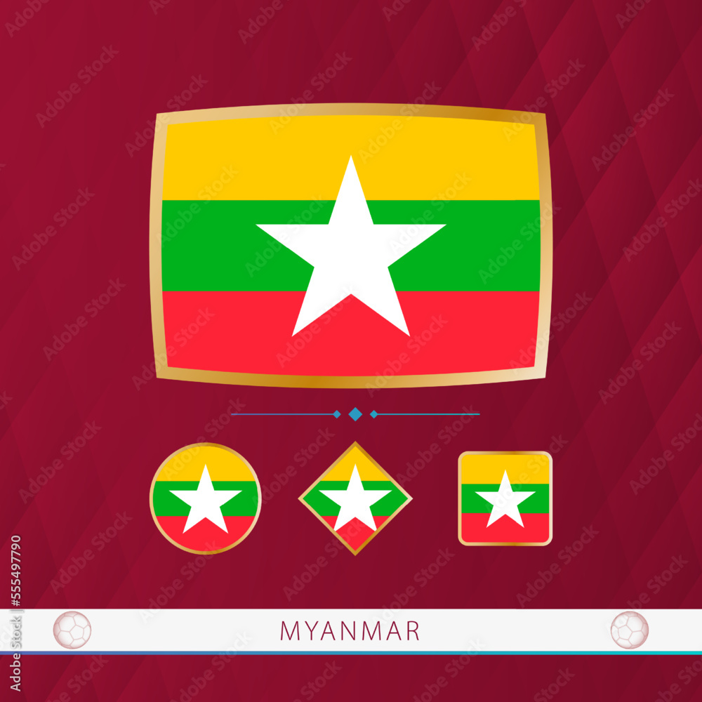 Set of Myanmar flags with gold frame for use at sporting events on a burgundy abstract background. Set of Myanmar flags with gold frame for use at sporting events on a burgundy abstract background.