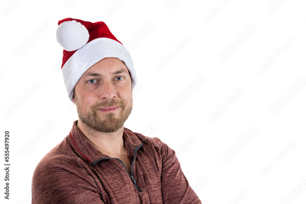 Man wearing a santa hat on a white background Man wearing a santa hat on a white background