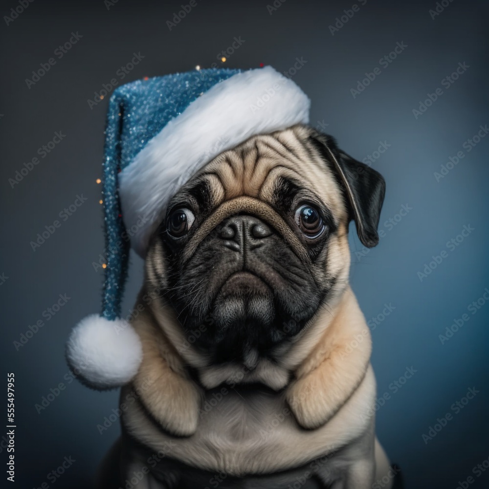 christmas pug with blue santa hat on a blue background- Generative AI 