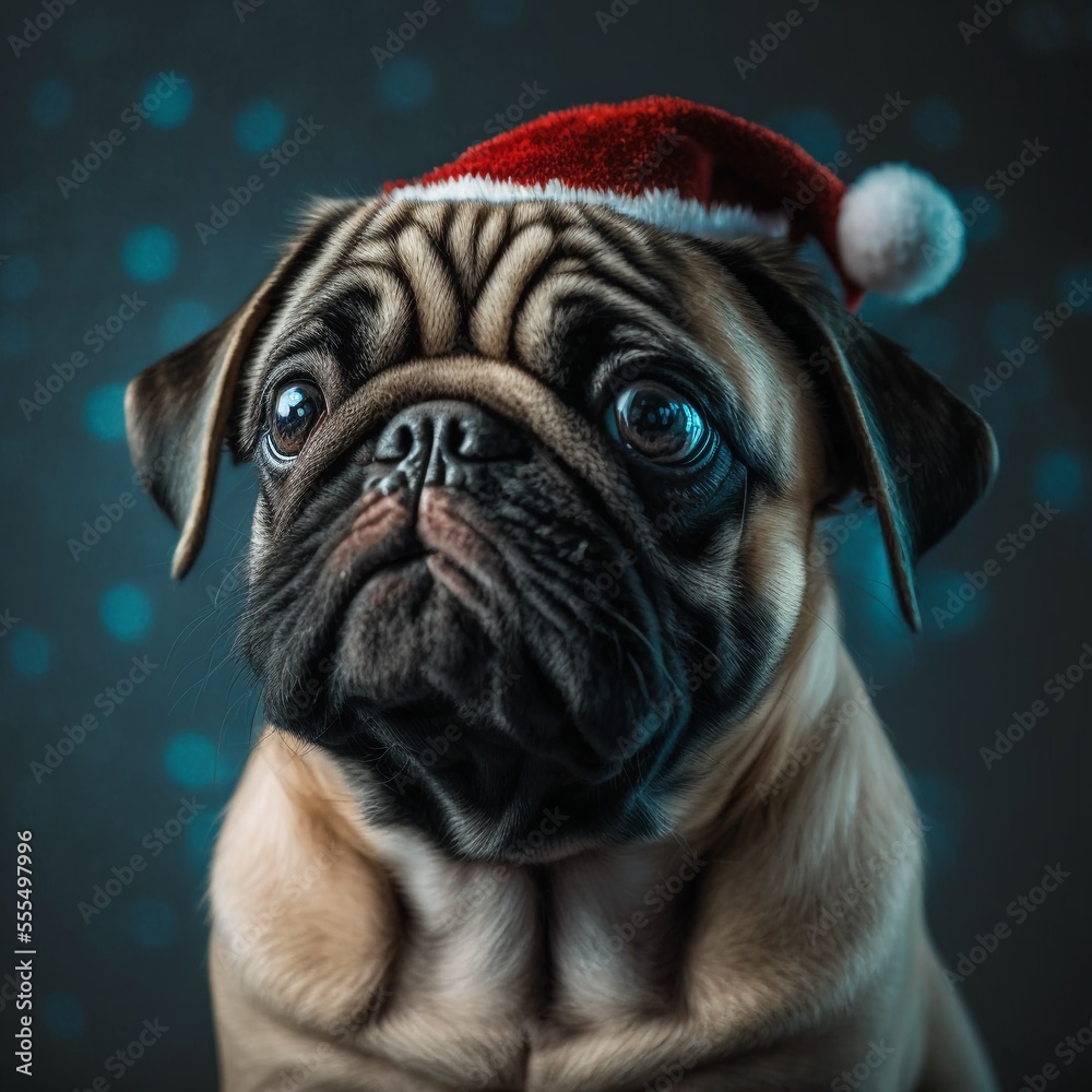christmas pug with santa hat on a blue background - Generative AI 