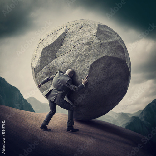 Illustration of the myth of Sisyphus. Concept for a struggle at the business environmet photo