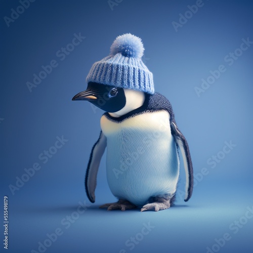 Generative AI -penguin in a hat with a pompom  on a blue background