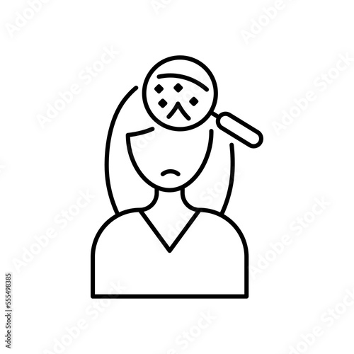 Dandruff and Magnifying Glass on the Head of pretty Woman.Disease and Treatment of the Scalp and Hair.Symptoms of dandruff.Flat color cartoon style. White background. eps 10